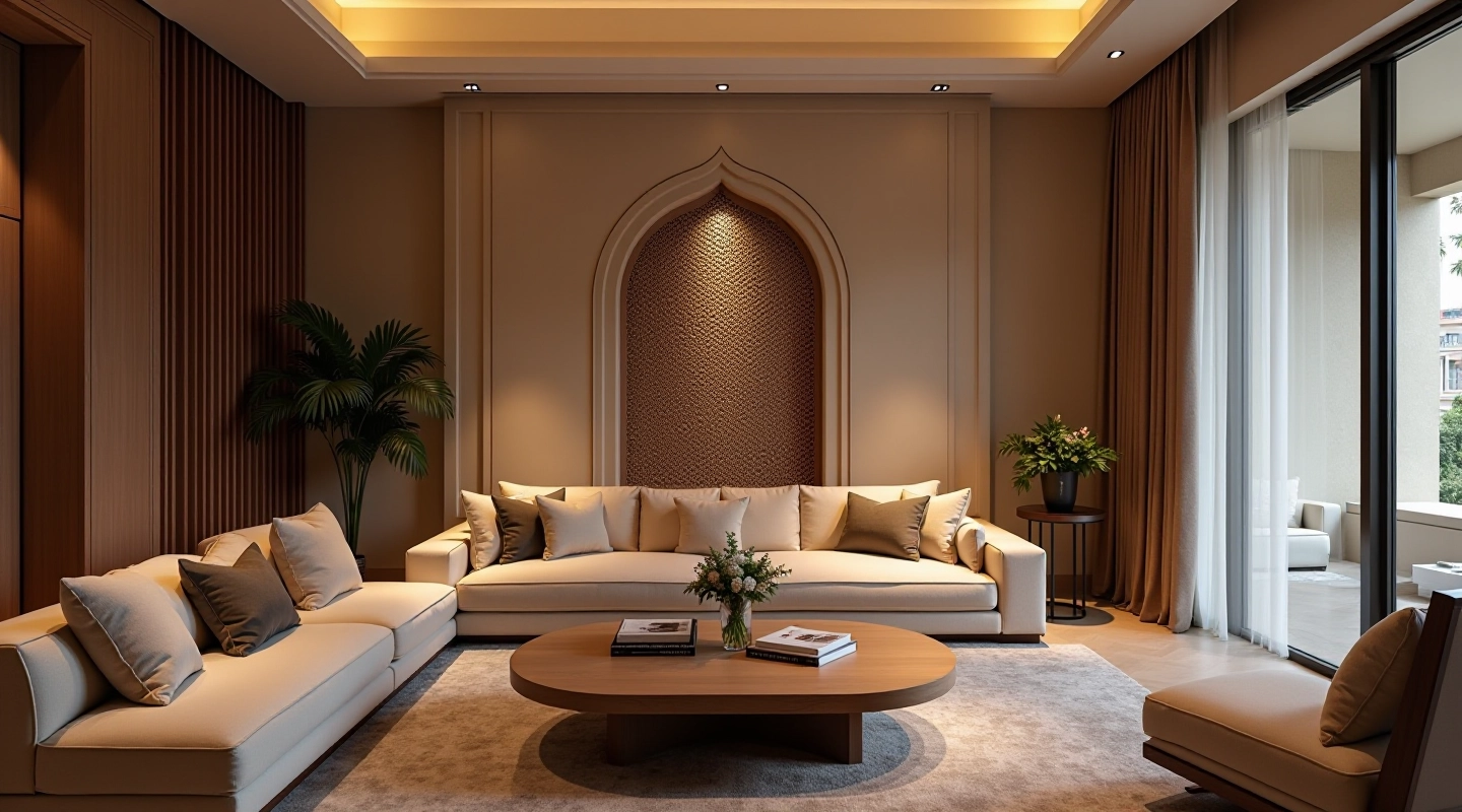 Luxury living room interior with traditional jali lattice screen wall feature and modern furniture arrangement
